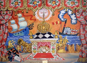 Bühnenbild für Der Floh, von Jewgeni Samjatin, 1925